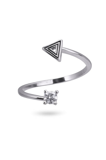 Jewello glossy silver-plated Tringale design and studded shimmering white American diamond Adjustable finger ring for women and girls.