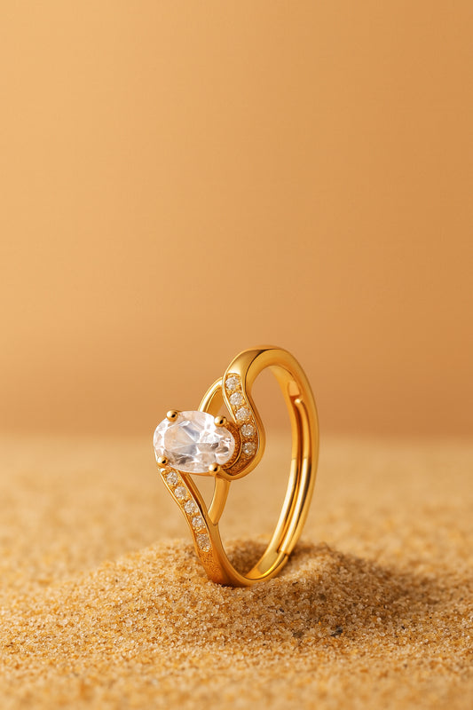 Jewello elegantly gold plated and studded shimmering American diamond Adjustable finger ring for women and girls.