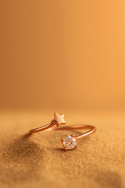 Jewello Adorable trendy rose gold plated star shape design and studded shimmering American diamond Adjustable finger ring for women and girls.