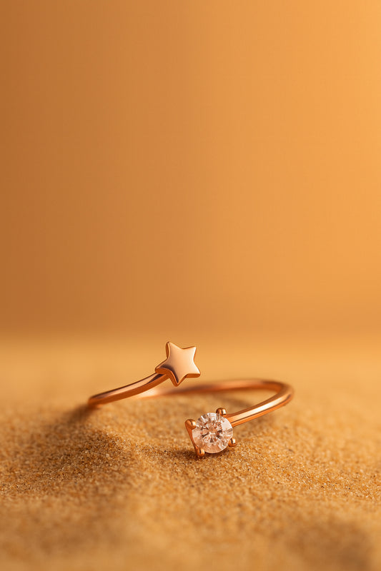 Jewello Adorable trendy rose gold plated star shape design and studded shimmering American diamond Adjustable finger ring for women and girls.