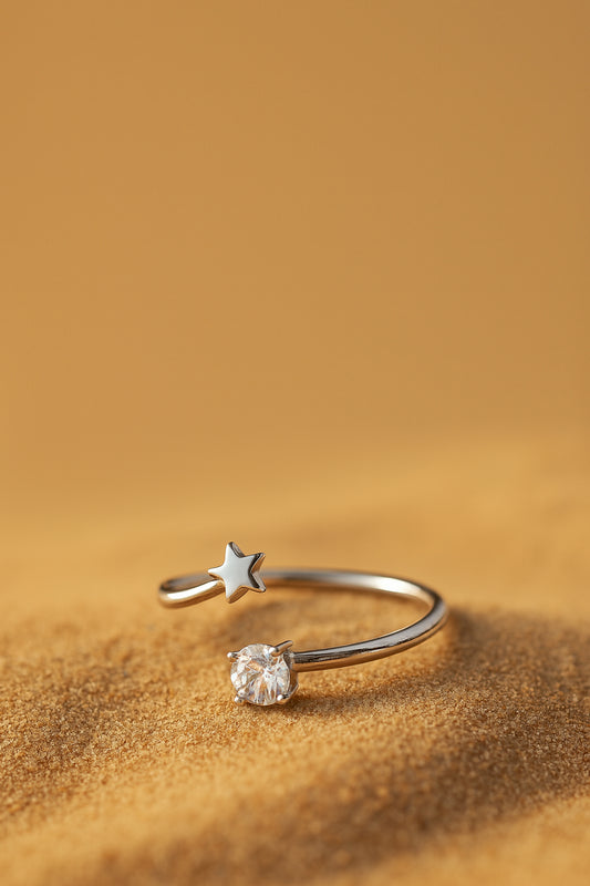 Jewello  delightful silver-plated star design and studded shimmering American diamond Adjustable finger ring for women and girls.