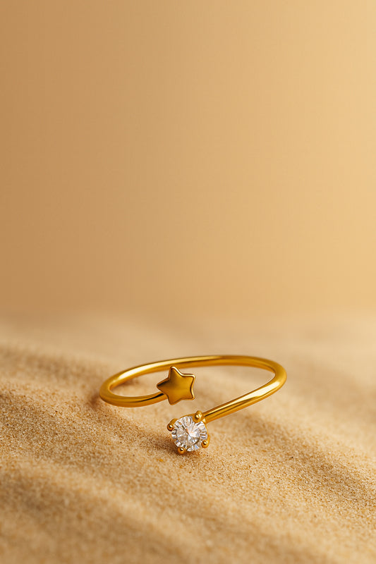 Jewello fascinating gold-plated star design and studded shimmering American diamond Adjustable finger ring for women and girls.