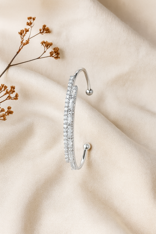 Jewello delicate silver plated with cubic zirconia stud cuff bracelet, Kada bracelet for women and girls.