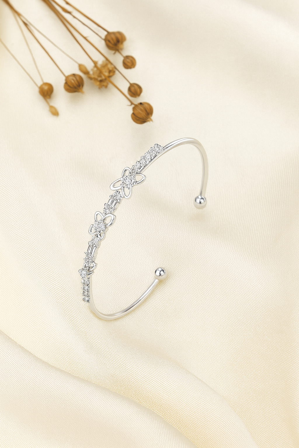 Jewello trendy silver plated with shimmering white stone stud cuff bracelet, Kada bracelet for women and girls.