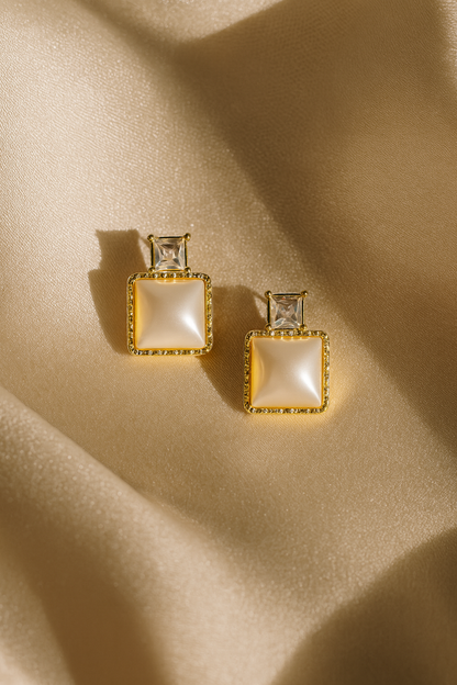 Jewello delicate gold-plated square design with light pink stone stud anti tarnish Korean earring for women and girls.