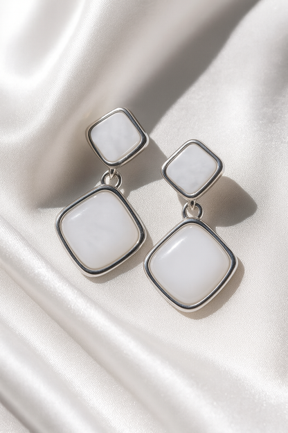 Jewello fashionable silver-plated square design with white stone stud dangle Korean earring for women and girls.