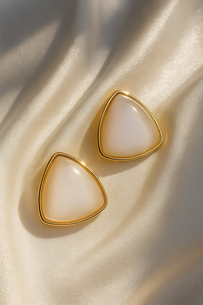 Jewello alluring gold plated triangle design with light pink stone stud anti tarnish Korean earring for women and girls.