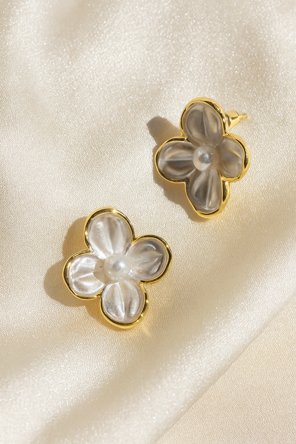 Jewello fashionable gold-plated flower design with light pink stone and with pearl bead stud dainty korean earring for women and girls. Daily wear earring, office wear earring. Gift for her.