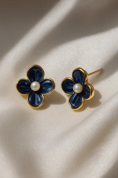 Jewello trendy flower design with black color and pearl bead stud dainty Korean earring for women and girls.