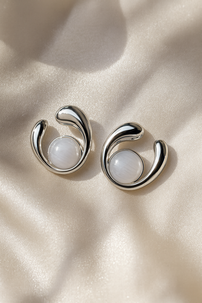 Jewello trendy silver plated half moon design with white stone stud dainty Korean earring for women and girls.