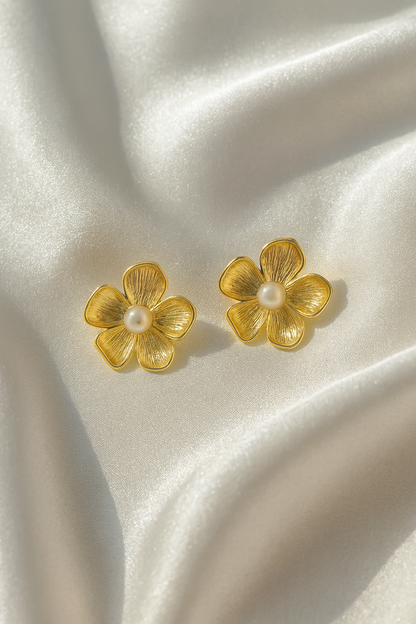 Jewello stylish gold-plated floral design with white pearl stud dainty Korean earring for women and girls.