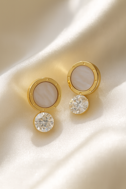 Jewello fancy gold plated round shape design with light pink stone stud dainty Korean earring for women and girls.