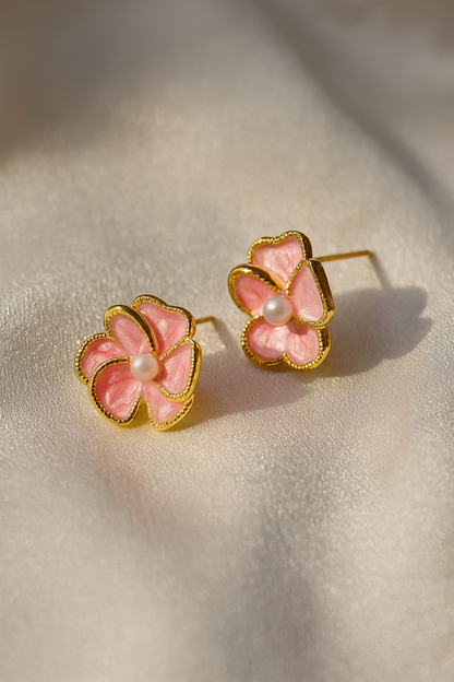 Jewello delicate gold-plated flower design with pink stone stud dainty Korean earring for women and girls.