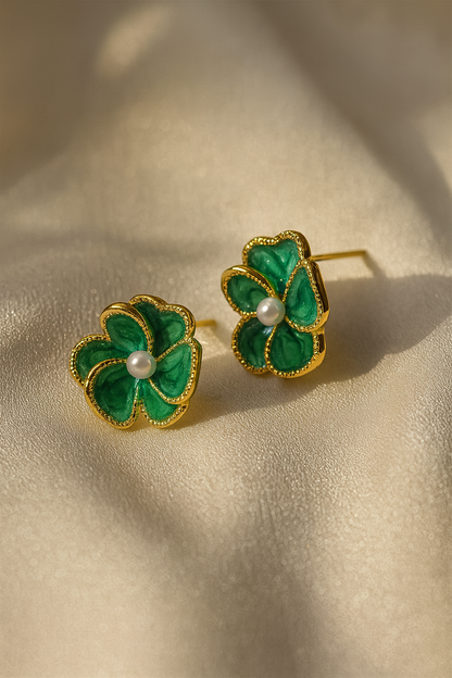 Jewello trendy gold-plated flower design with green stone stud Korean earring for women and girls.