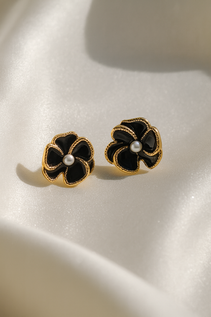 Jewello fancy gold plated flower design with black stone and white pearl stud dainty Korean earring for women and girls.