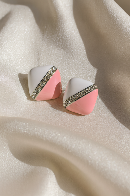 Jewello stylish square design with white light pink color and white diamond stud Korean earring for women and girls.