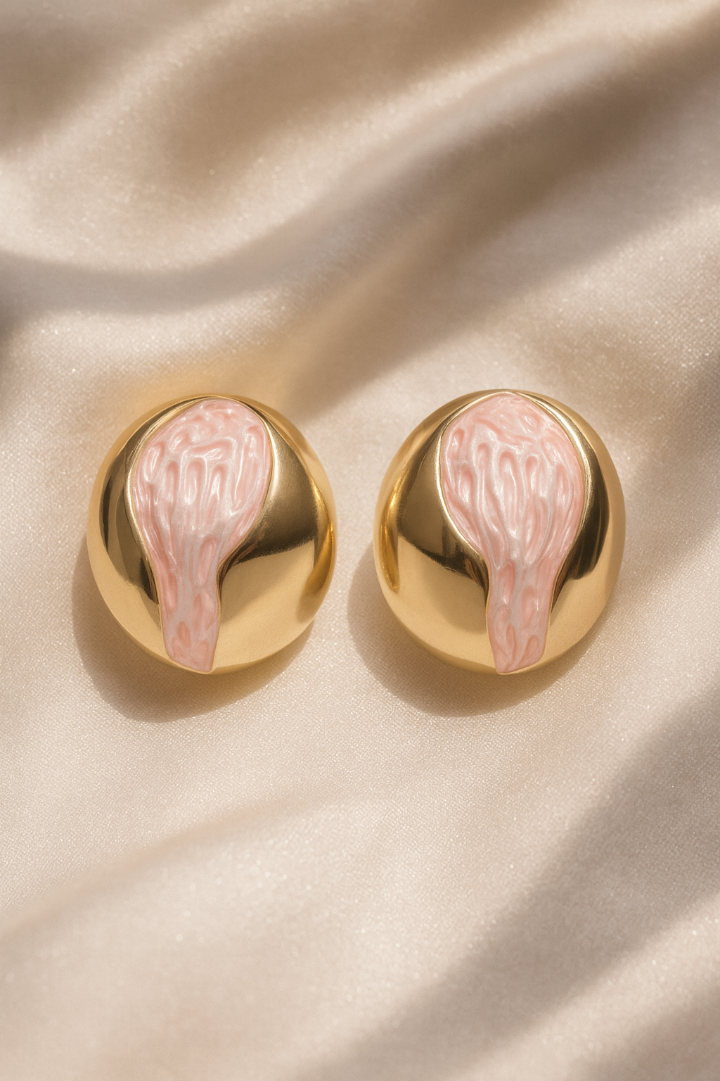 Jewello gold plated oval shape design light pink dainty Korean earring for women and girls.