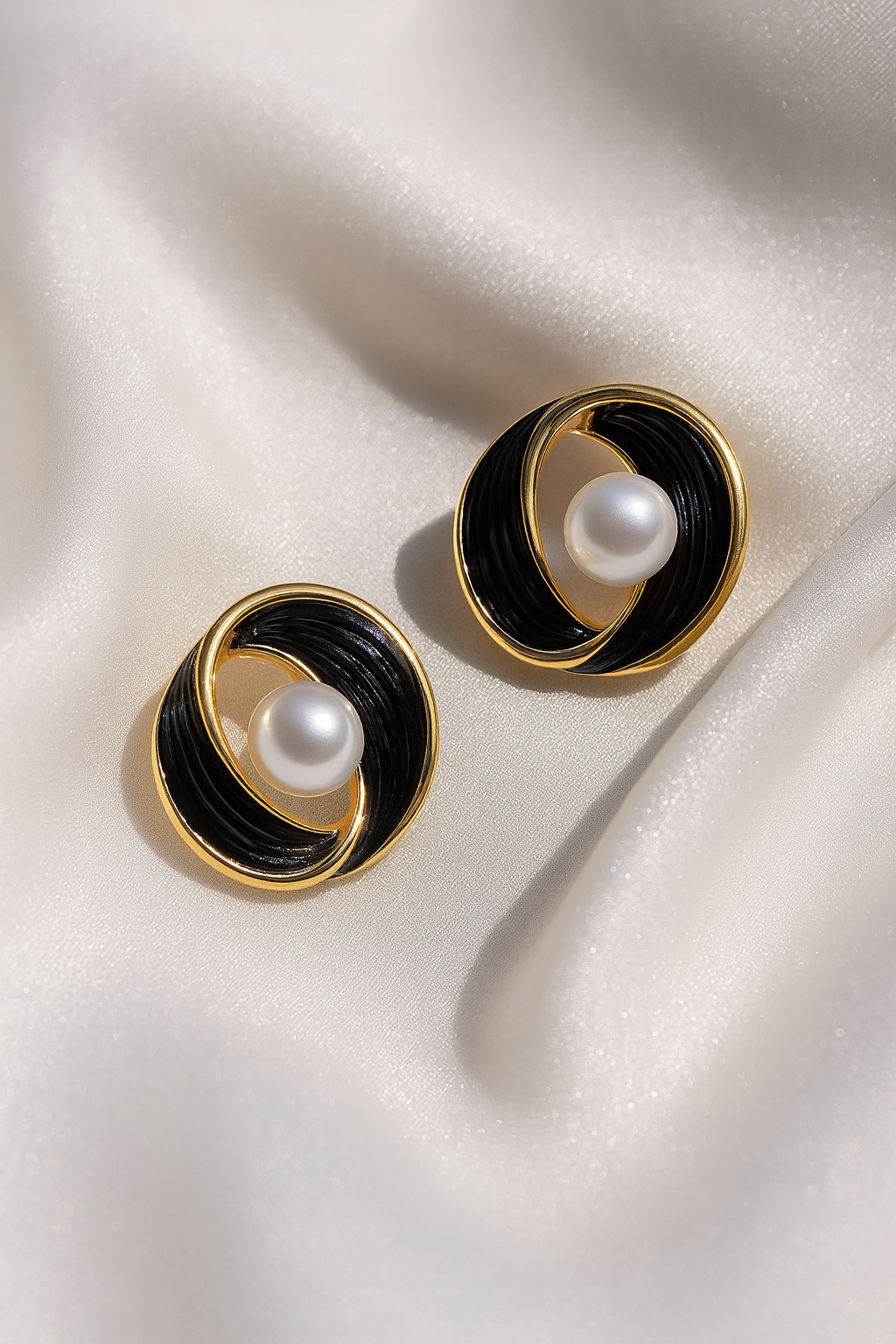 Jewello trendy gold-plated black color with white pearl stud Korean earring for women and girls.