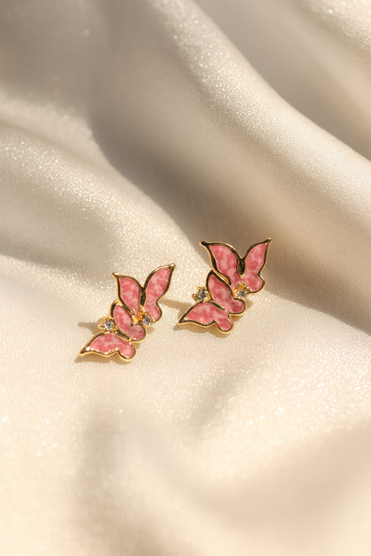 Jewello fancy gold plated butter fly design with pink stone stud dainty Korean earring for women and girls. Daily wear earring, office wear earring, gift for her.