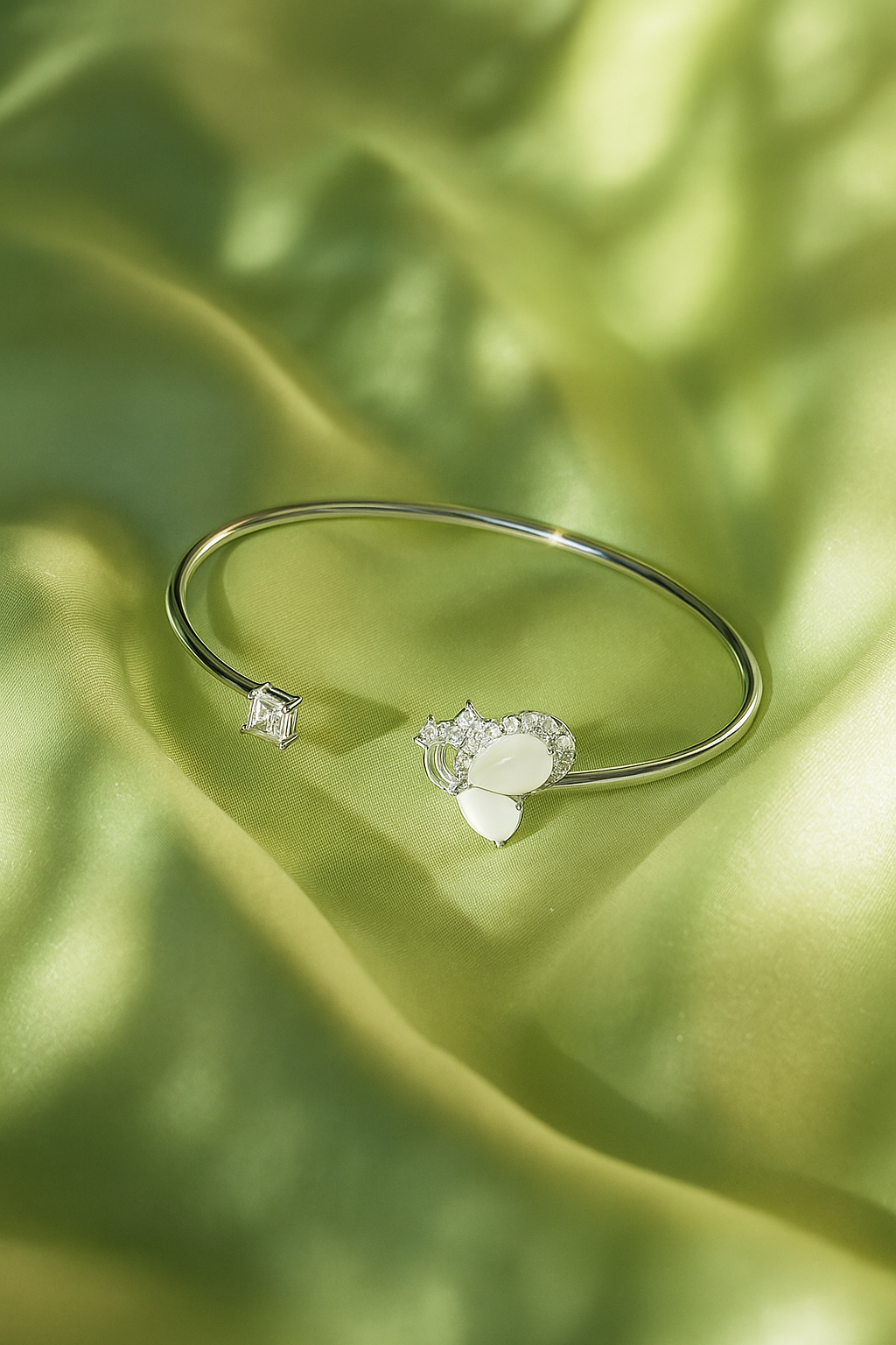 Jewello fancy silver-plated floral design with shimmering white stone stud Adjustable cuff bracelet, Kada bracelet for women and girls.