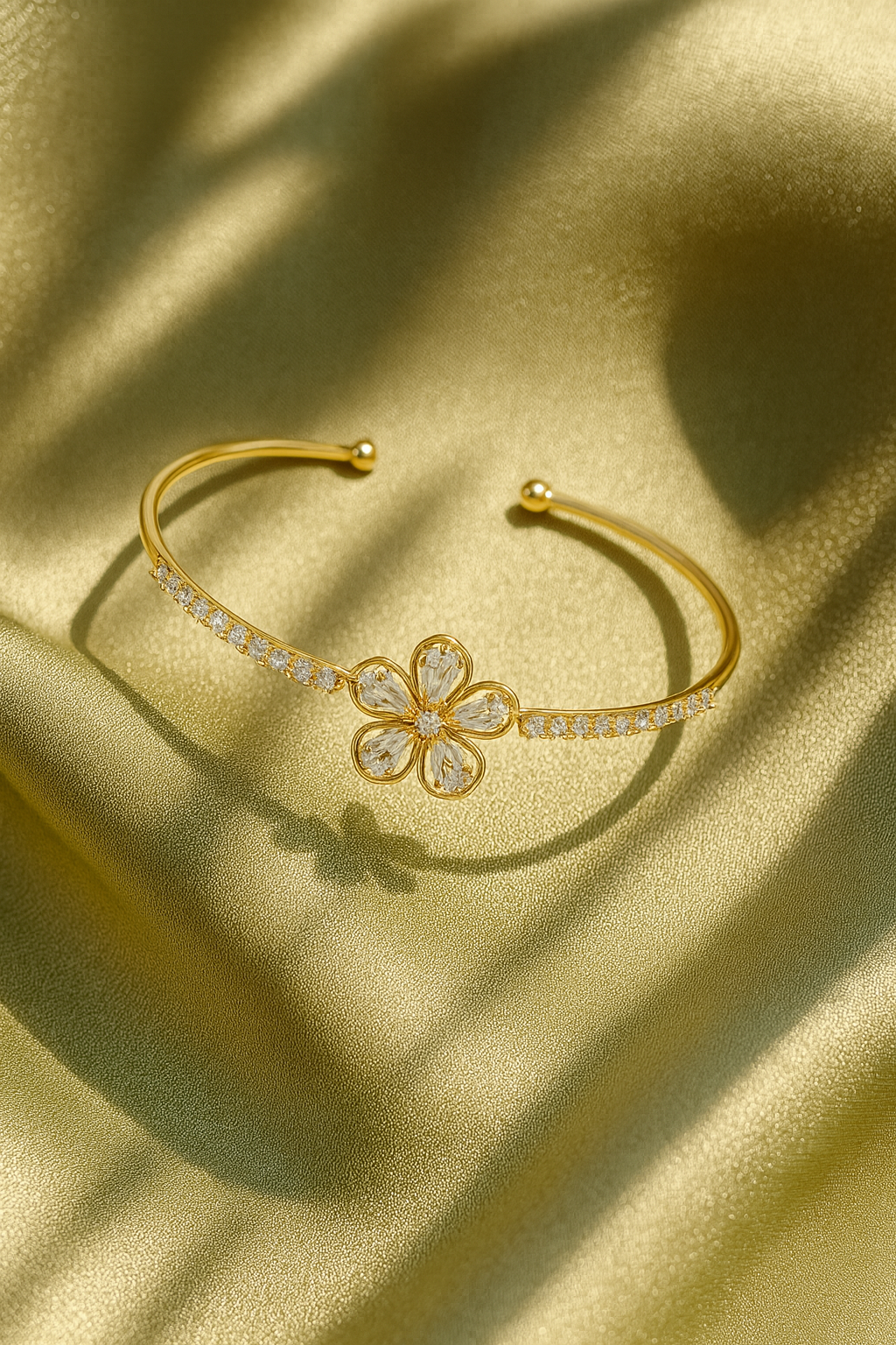 Jewello fancy gold-plated floral design with cubic zirconia stud Adjustable cuff bracelet, Kada bracelet for women and girls.