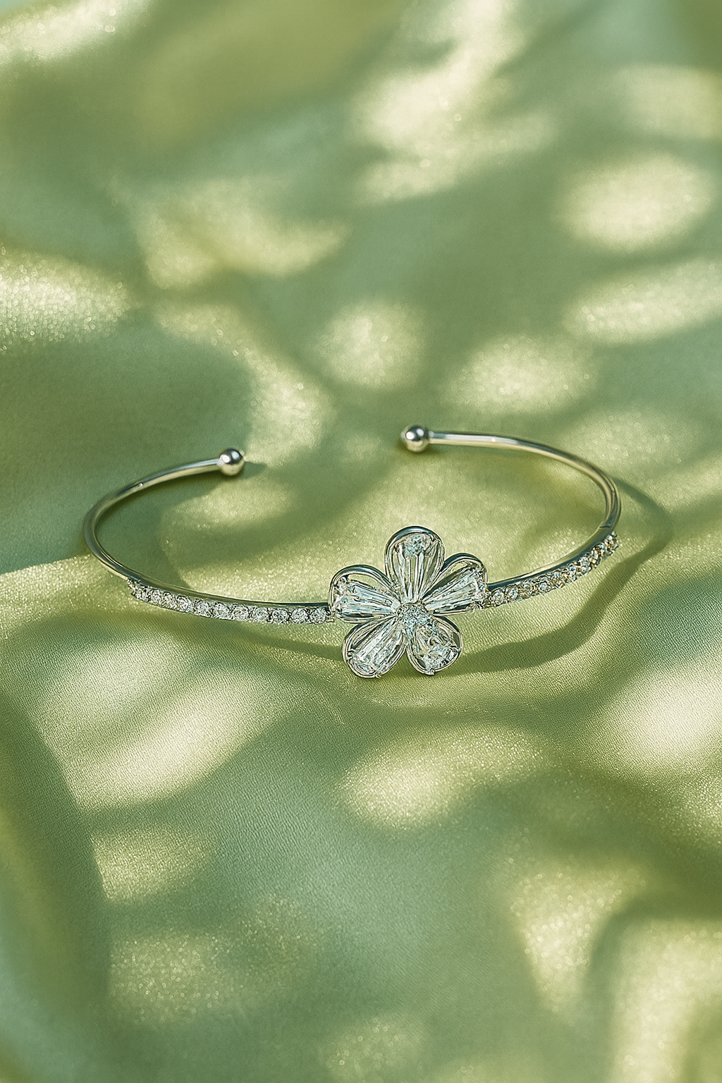 Jewello stylish silver-plated floral design with cubic zirconia stud Adjustable cuff bracelet, Kada bracelet for women and girls.