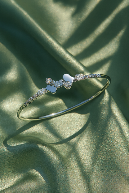 Jewello Beautiful silver-plated heart design with shimmering white stone stud cuff bracelet, Kada bracelet for women and girls.