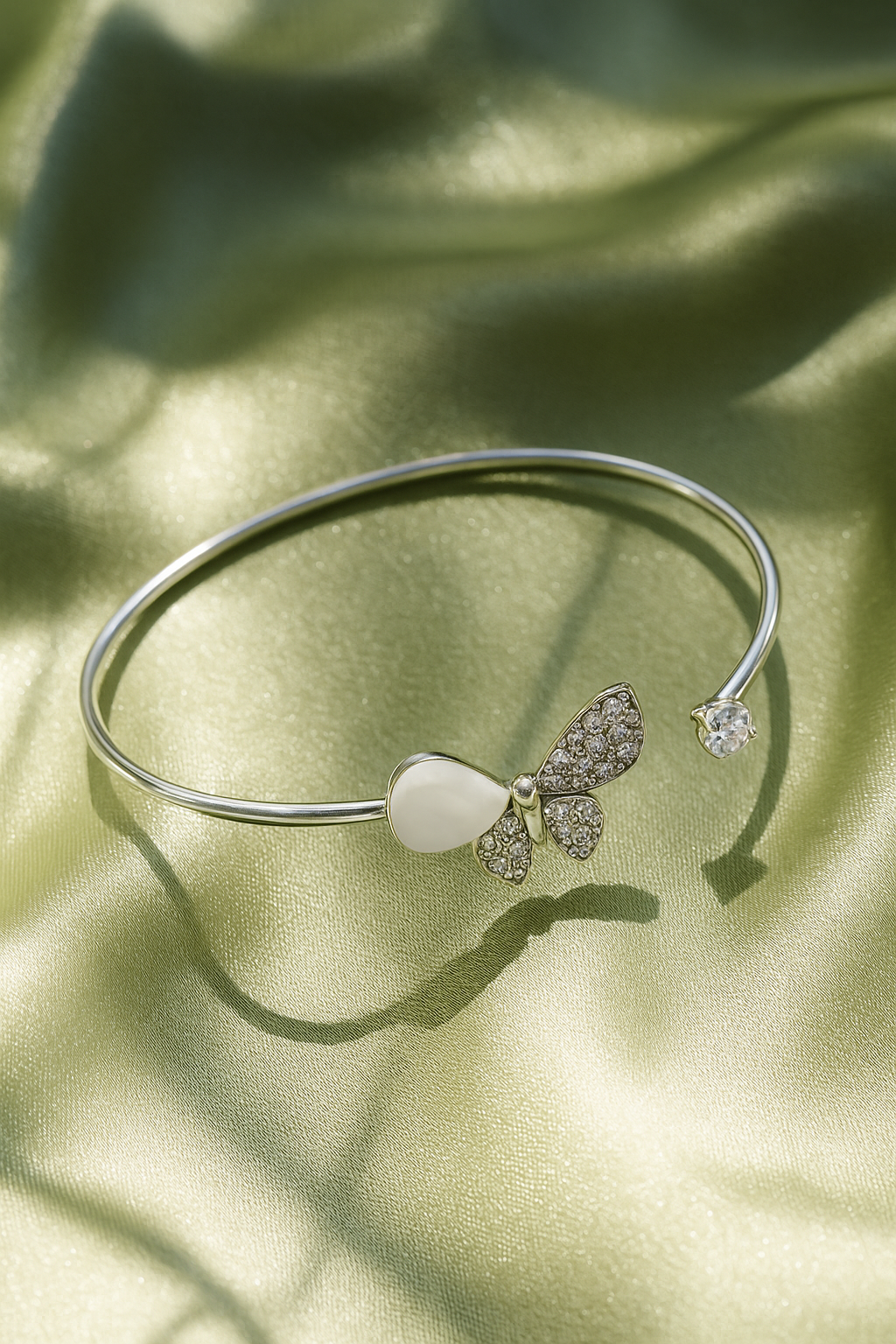 Jewello Adorable silver-plated butterfly design with shimmering white stone stud cuff bracelet, Kada bracelet for women and girls.