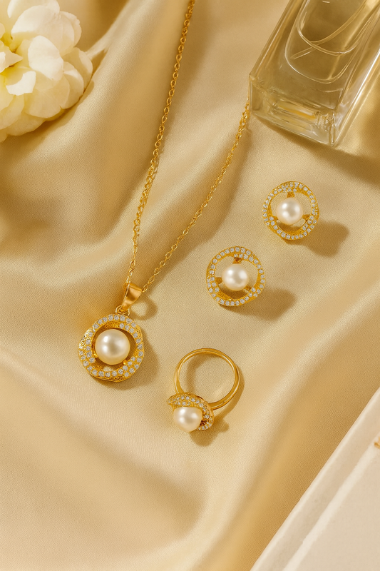 Jewello trendy gold plated and simmering white stone and pearl stud chain pendant set for women and girls.
