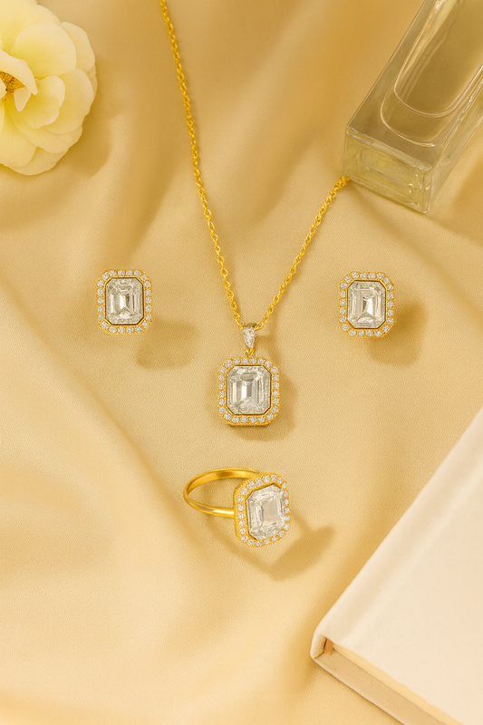 Jewello elegant gold plated with shimmering white stone stud chain pendant, set for women and girls.