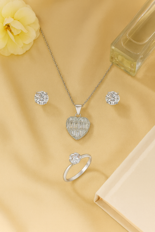 Jewello trendy silver-plated leaf design with shimmering white stone stud pendant chain set for women and girls.