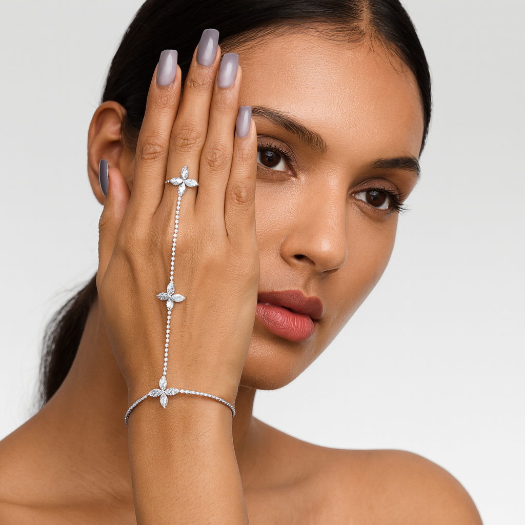 Jewello elegance silver plated floral design with shimmering white stone stud hath Phool, Panja, Adjustable hand chain bracelet and finger ring for women and girls.