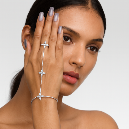 Jewello elegance silver plated floral design with shimmering white stone stud hath Phool, Panja, Adjustable hand chain bracelet and finger ring for women and girls.