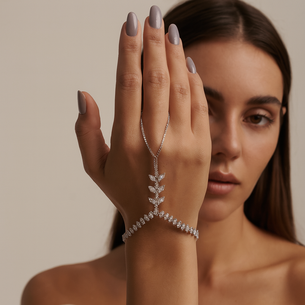 Jewello trendy silver plated with shimmering white stone stud hath Phool, Panja, Adjustable hand chain bracelet for women and girls.