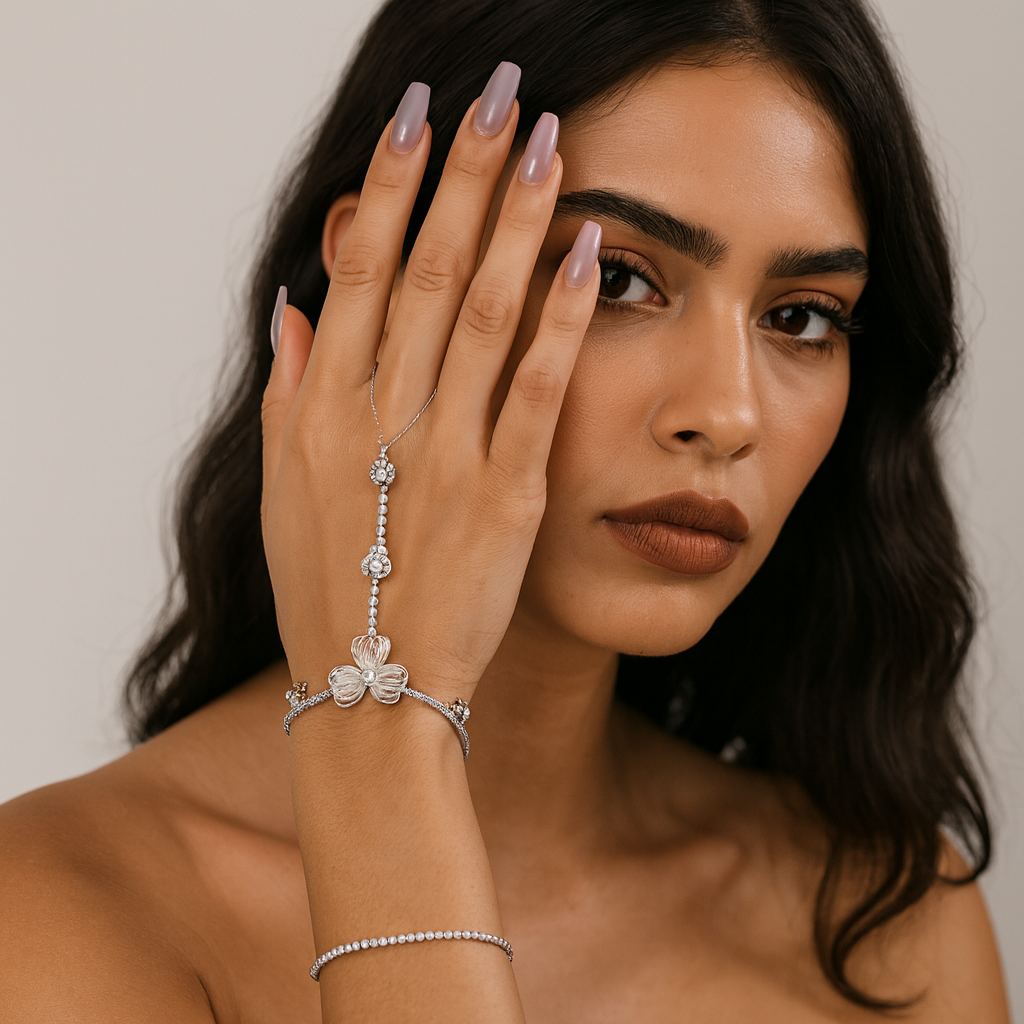 Jewello fancy silver-plated floral design with shimmering white stone stud hath Phool, Panja, Adjustable hand chain bracelet for women and girls.