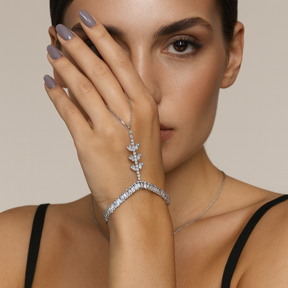 Jewello stylish oxidise silver plated with shimmering white stone stud hath Phool, Panja, Adjustable hand chain bracelet for women and girls.