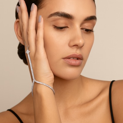 Jewello trendy rose gold plated with shimmering white stone and American daimons stud hath Phool, Panja, Adjustable hand chain bracelet for women and girls.