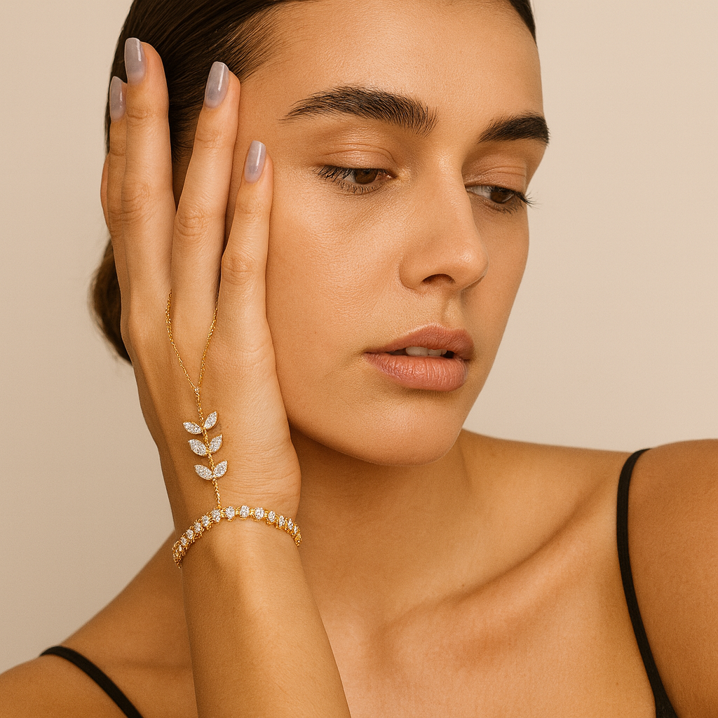 Jewello delicate gold plated with shimmering white stone stud Panja, hath Phool, Adjustable hand chain bracelet for women and girls.