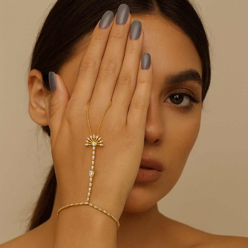 Jewello fashionable gold plated with shimmering white stone stud hath Phool, Panja, Adjustable hand chain bracelet for women and girls.