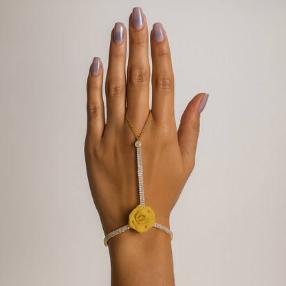 Jewello delicate gold-plated floral design with shimmering white stone stud hath Phool, Panja, Adjustable hand chain bracelet for women and girls.