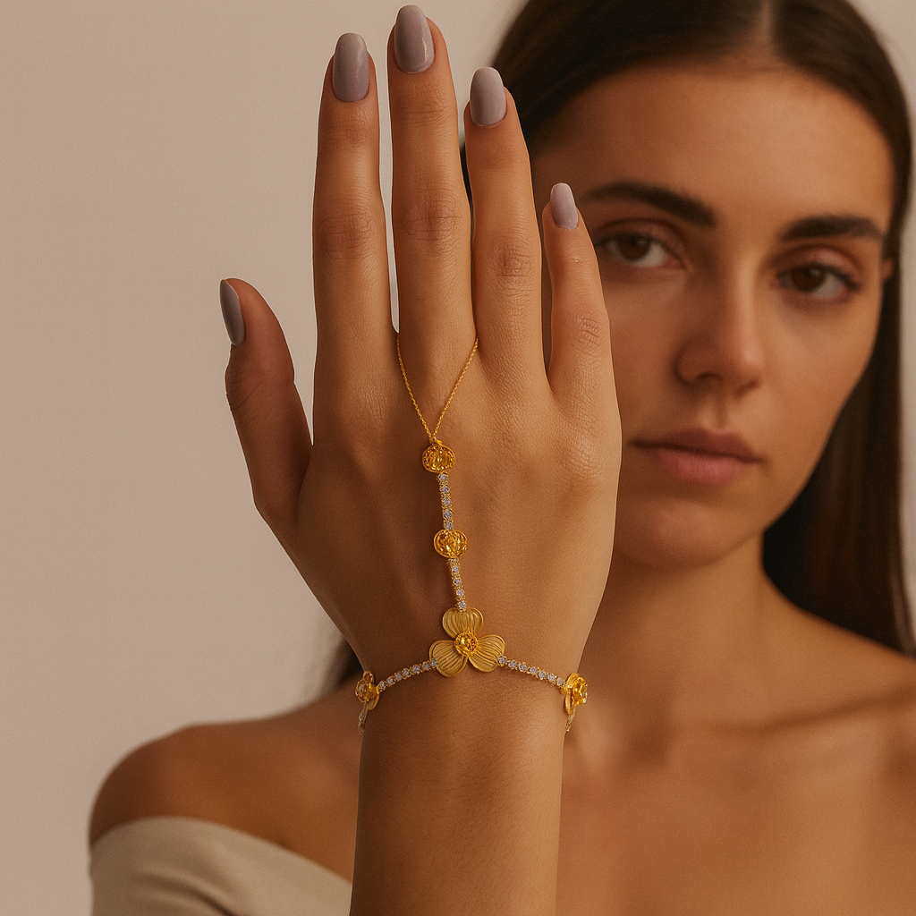 Jewello stylish rose gold plated with floral design with shimmering white stone stud hath Phool, Panja, Adjustable hand chain bracelet for women and girls.