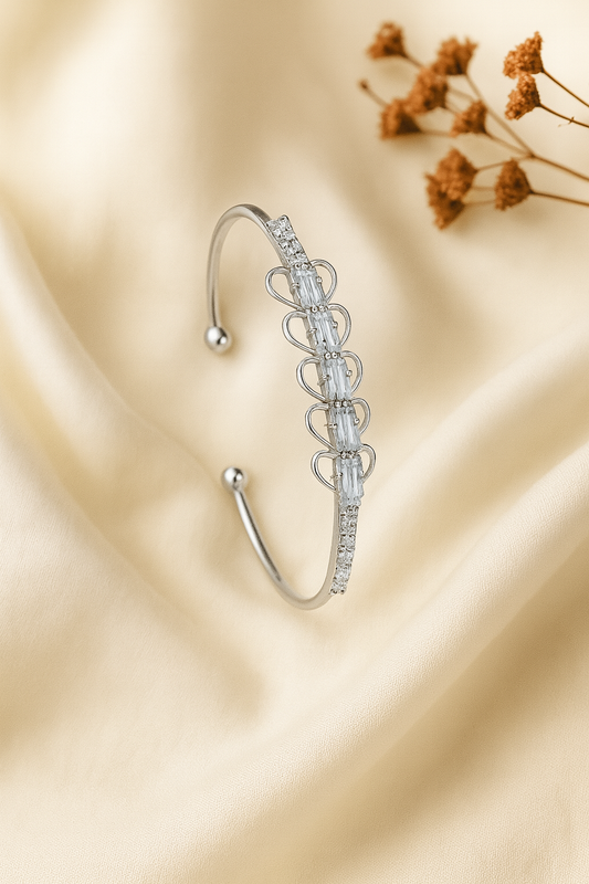 jewello stylish silver plated with shimmering white stone stud Adjustable cuff bracelet for women and girls.