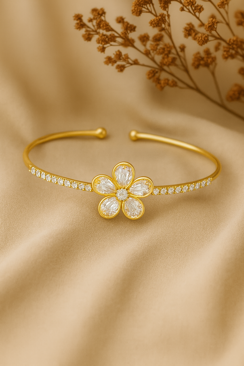 Jewello fancy gold-plated floral design with cubic zirconia stud Adjustable cuff bracelet, Kada bracelet for women and girls.