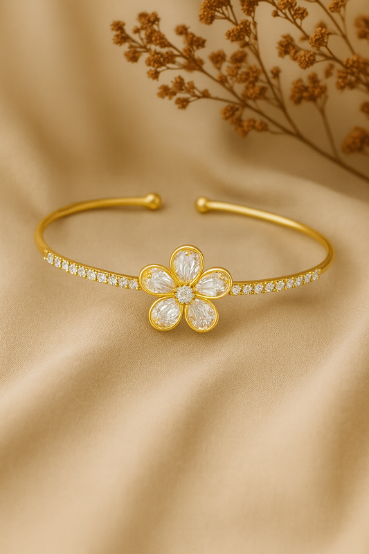 Jewello fancy gold-plated floral design with cubic zirconia stud Adjustable cuff bracelet, Kada bracelet for women and girls.