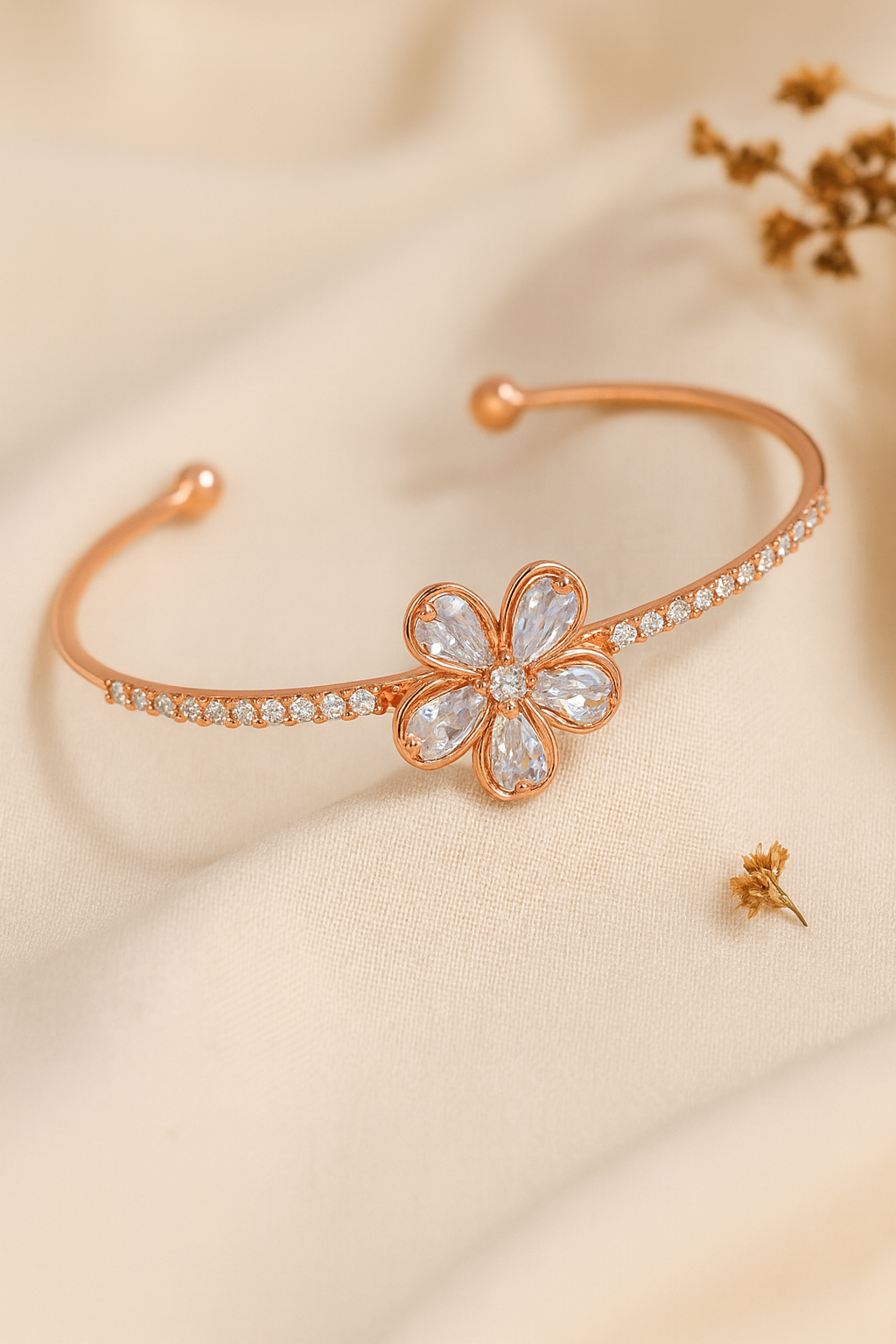 jewello stylish gorgeous rose gold-plated floral design with cubic zirconia stud Adjustable cuff bracelet, Kada bracelet for women and girls.