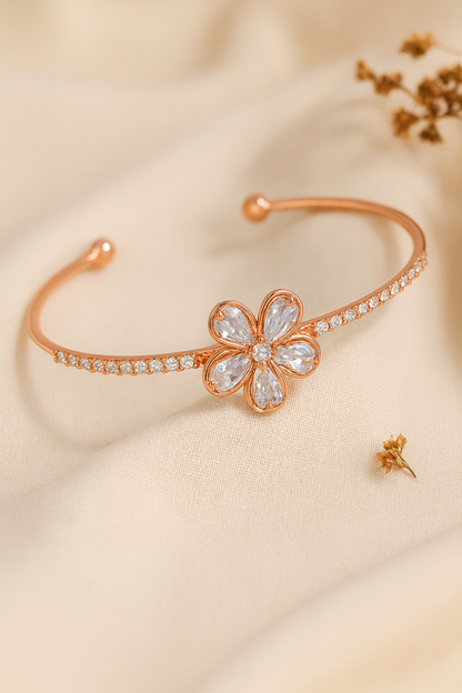 jewello stylish gorgeous rose gold-plated floral design with cubic zirconia stud Adjustable cuff bracelet, Kada bracelet for women and girls.
