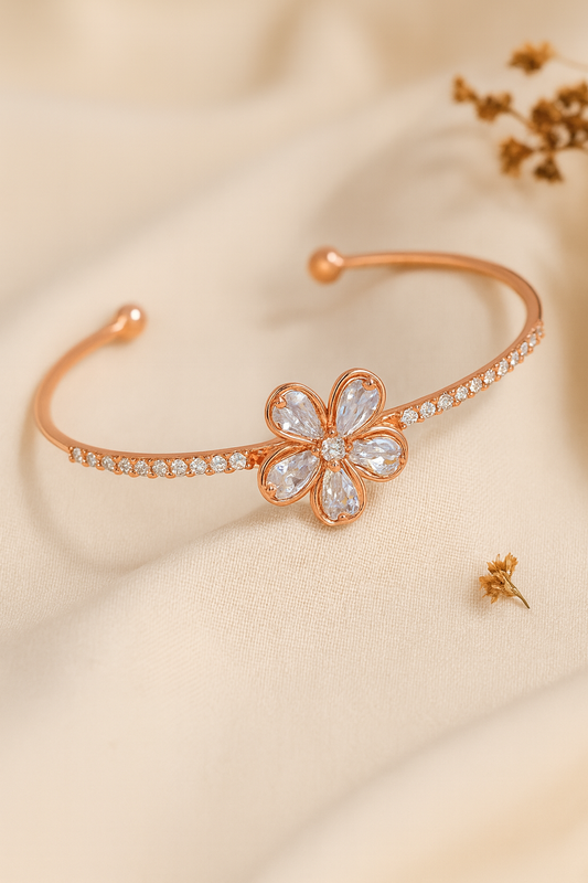 jewello stylish gorgeous rose gold-plated floral design with cubic zirconia stud Adjustable cuff bracelet, Kada bracelet for women and girls.