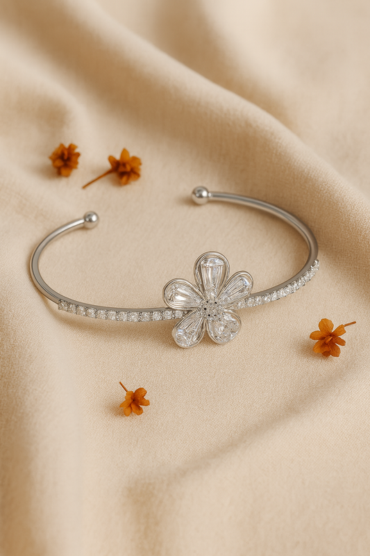 Jewello stylish silver-plated floral design with cubic zirconia stud Adjustable cuff bracelet, Kada bracelet for women and girls.