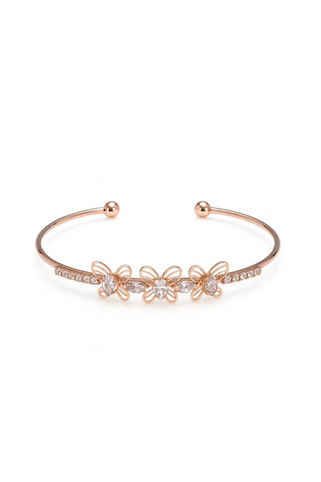 Jewello delicate rose gold-plated butterfly design with shimmering white stone stud Adjustable cuff bracelet, Kada bracelet for women and girls.