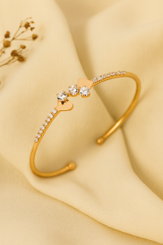Jewello fancy rose gold plated heart design with cubic zirconia stud cuff bracelet, Kada bracelet for women and girls.